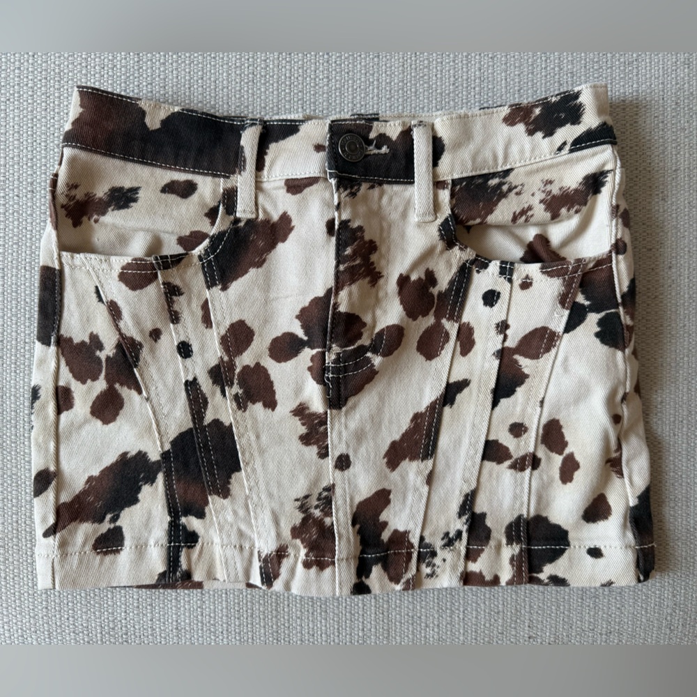 Cow Print Denim Mini Skirt, XS